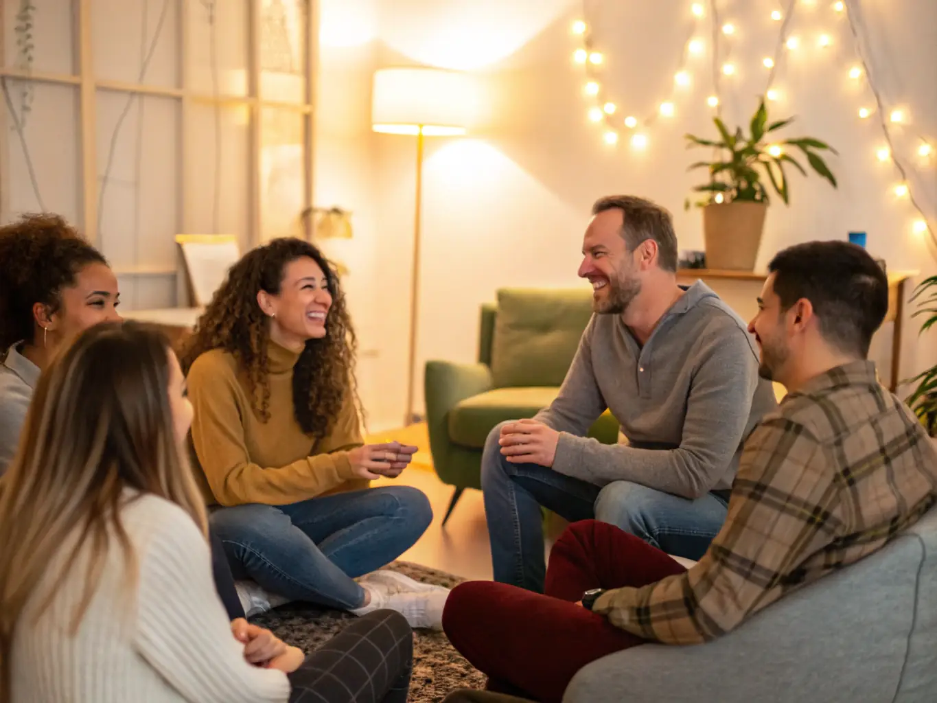 A support group meeting where individuals are sharing their stories and experiences, inspired by 'Hidden Roses.' Tanjii is facilitating the discussion, creating a safe and empowering environment.