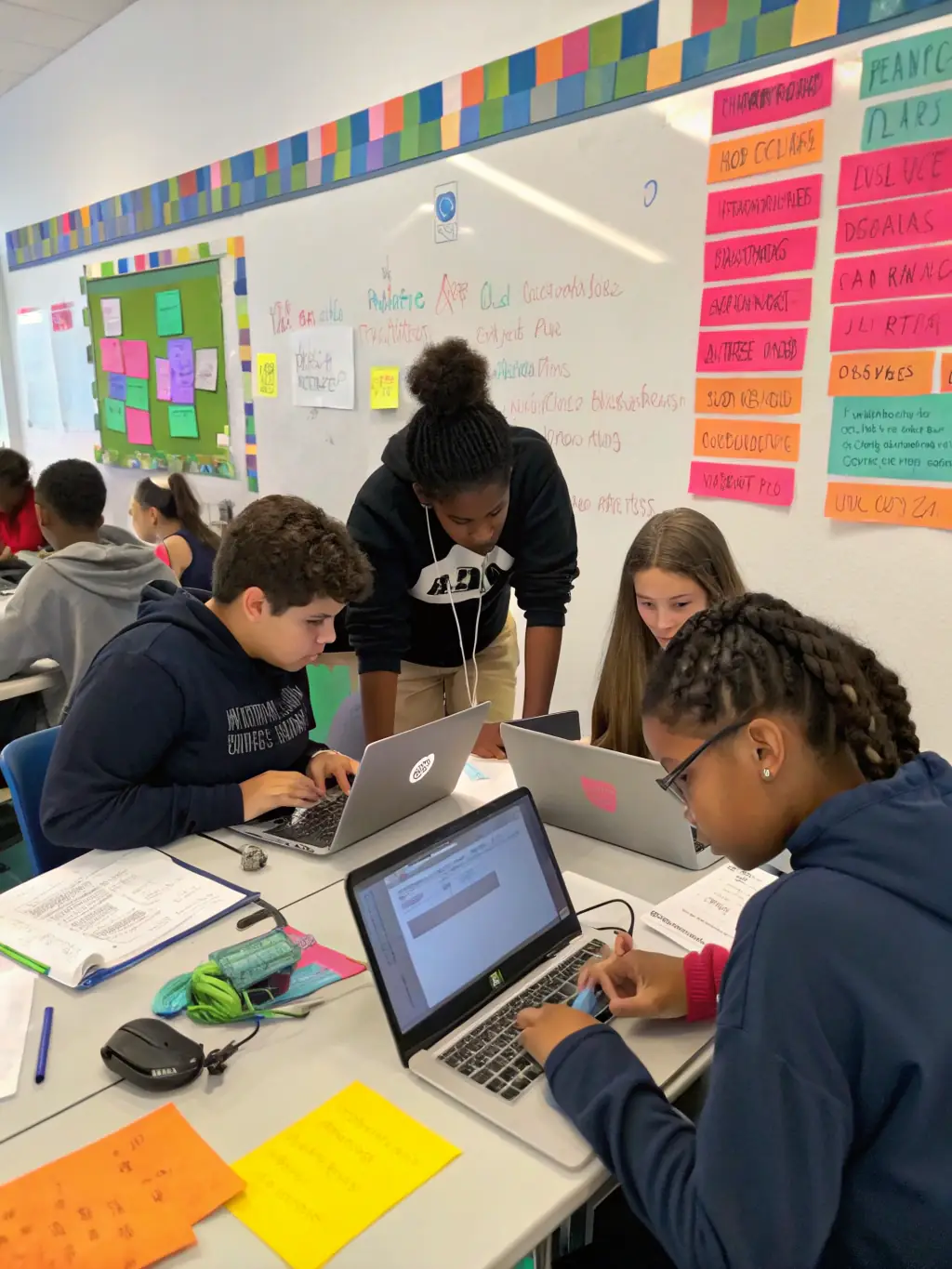 A diverse group of students collaborating on a coding project at Dream Academy, showcasing teamwork and innovation.