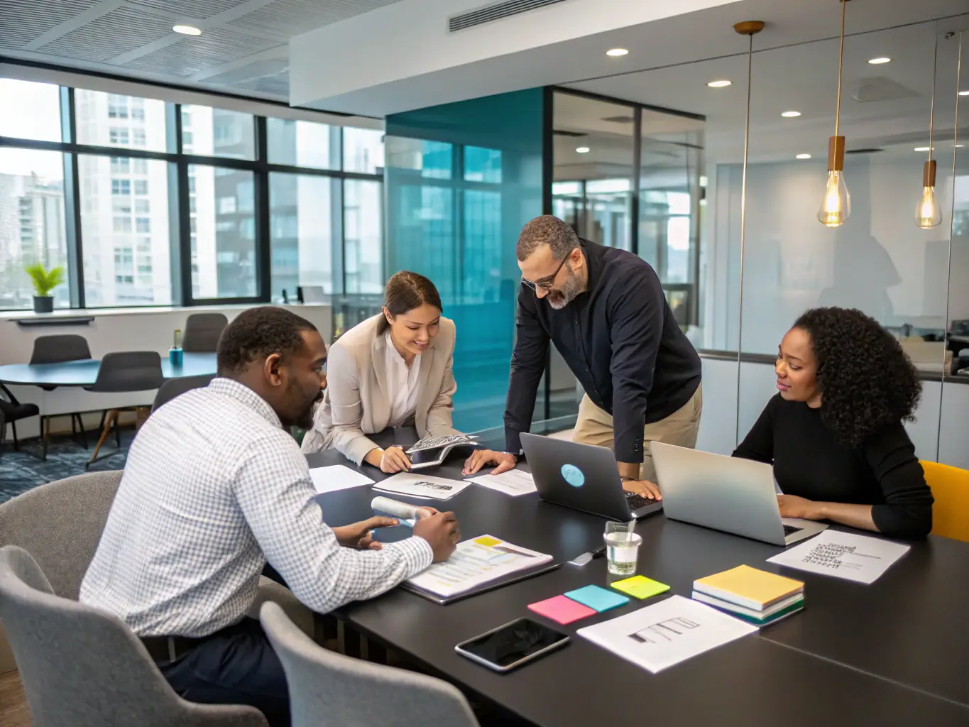 A diverse group of professionals collaborating in a modern office space, symbolizing the connection and collaboration facilitated by 1 Stop Exchange.