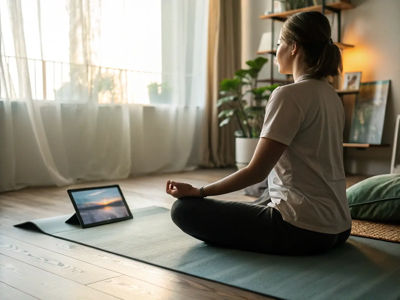 A serene individual practicing mindfulness with a smartphone nearby, symbolizing the balance between technology and mental well-being promoted in Tanjii Cole's digital wellness talks.
