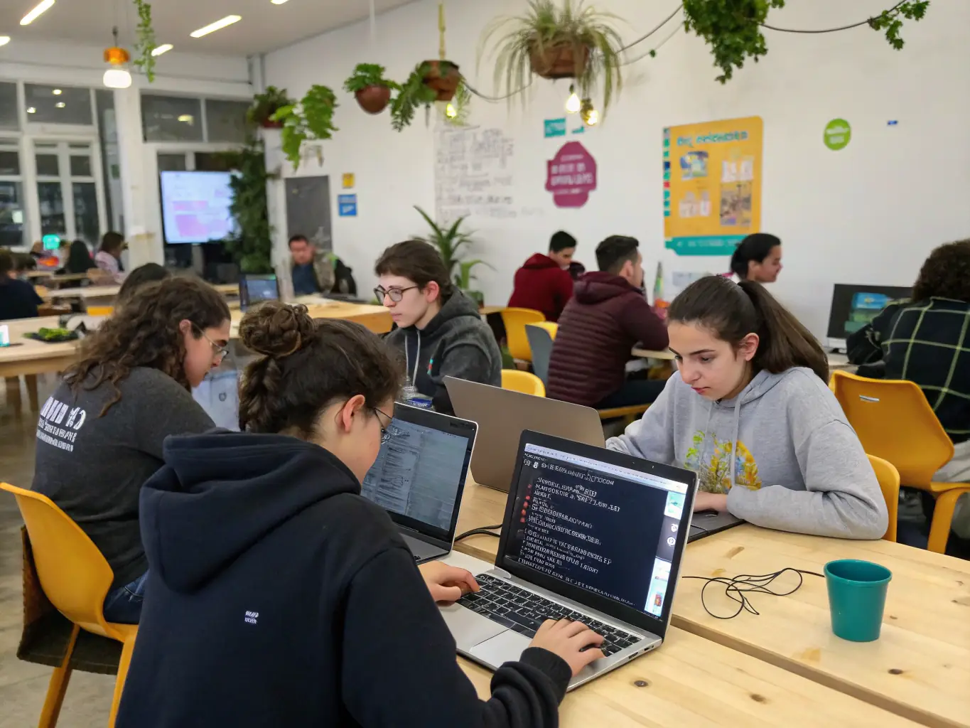 A diverse group of young adults participating in a coding workshop at Dream Academy, smiling and engaged, with Tanjii mentoring them in the background. The scene is vibrant and empowering, showcasing the real-world impact of her educational initiatives.